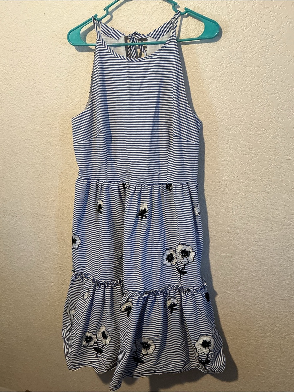 Eliza J Blue & White Striped Floral Embroidered Tiered Dress